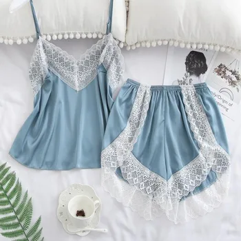 Moterų Sleepwear Sexy Satin Pajama Nustatyti Baltos spalvos Nėrinių V-Kaklo, Pižamos Rankovių Mielas ledo šilko Viršų ir Šortai