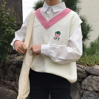 Moterų Harajuku mielas kolegijos siuvinėjimas v-kaklo Braškių siuvinėjimo džemperis moterims vintage megztinis kawaii moterų top S-XL