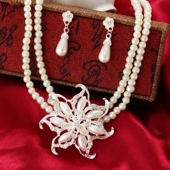 Vestuvių, sužadėtuvių, imituojant perlų papuošalų rinkiniai gėlių kalnų krištolas kristalų pakabukas apykaklės, karoliai ir stud auskarai