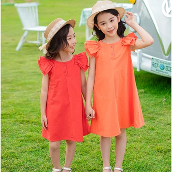 2020 Naujas Atvykti Vaikų Mergaičių Pavasario Vasaros Paauglių Suknelės Medvilnės Atsitiktinis Suknelė Mergina Kūdikių Raukiniai Kratinys Raudona Oranžinė Drabužiai