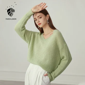 FANSILANEN Prarasti v kaklo atsitiktinis megzti megztinis Moterims ilgomis rankovėmis žalias megztinis negabaritinių Rudens žiemos moterų megztinis trikotažas