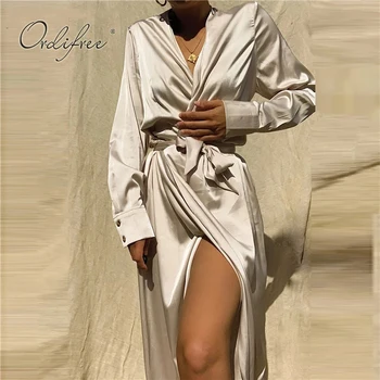 Ordifree 2020 M. Rudenį Moterys Ilgos Satino Suknelė Ilgomis Rankovėmis Prarasti Juostinės Šilko Maxi Šalis Suknelė