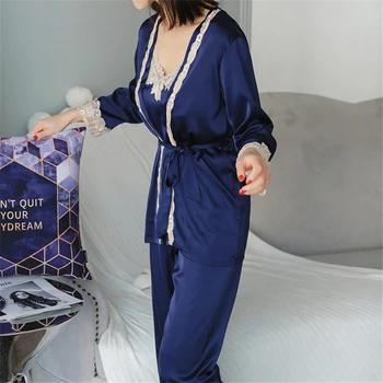 3 Gabalus Satino Sleepwear Moterų Sexy Nėrinių, Šilko Pižama Nustatyti Tuščiaviduriai Iš Kailio Diržas Liemenės Visas Ilgis Kelnes Skraiste Suknelė Nustatyti H650