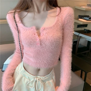 Rudenį ir žiemą naujas saldus rožinis trumpas ilgomis rankovėmis liesas megztinis