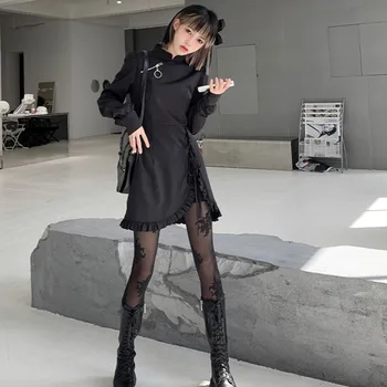 Y Demo Gotikos Streetwear Moterų Suknelė, O Ant Kaklo Žibintų Rankovės Nėrinių Suknelės Užtrauktuką Moterų 2021