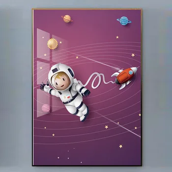 Šiaurės modernių vaikų kambario dekoravimas, tapyba animacinių filmų kabo tapybos astronautas planetą visatoje freskos kambarį