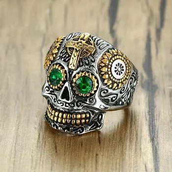 Vnox Meksikos Cukraus Kaukolė Žiedai Vyrams Punk Žalias Akis, kalnų krištolas, Aukso Dantų Žiedas su Gotikos Kryžiaus Nerūdijančio Plieno Vyrų Anillo