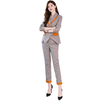 Aukštos kokybės profesionalus moterų kostiumai 2019 naujų rudens plonas pledas ponios striukė Moteriška office slim kelnės Dviejų dalių komplektas