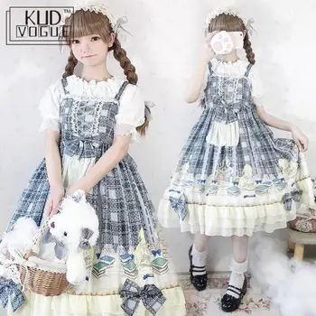 Japonijos Saldus Lolita Dress Kawaii Petnešos Pilkas Pledas Spausdinti Suknelė Vintage Gotikos Princesė Aukšto Juosmens Bowknot Pynimas Suknelė