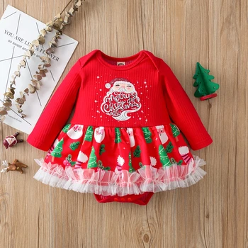 Baby Girl Kalėdų Spausdinti Romper, ilgomis Rankovėmis Susiėmę Nėrinių Sijonas Hem ir Snap Mygtuką Tarpkojo Kūdikių Drabužiai Rudens drabužiai