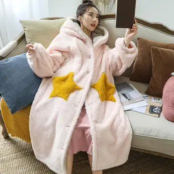 Rūbeliai Moterų Didelio Dydžio Žiemos Kratinys Star Kišenėje Saldus Mergaičių, Moterų Korėjos Stiliaus Minkštas Flanelė Patogus Chalatas Homewear