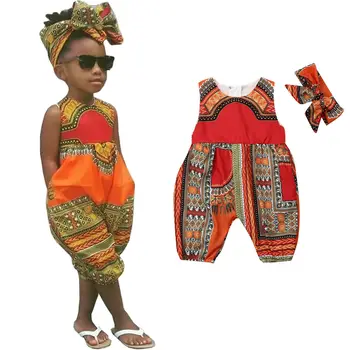Afrikos Stilius Kūdikiams Naujagimiui Mergaičių Vaikai Jumpsuit Bamblys Playsuit Apranga+Lankas Lankelis