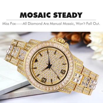 MISSFOX Žiūrėti Moterų Laikrodžiai Top Brand Prabangos Visą Deimantų Moterų Laikrodžiai Vandeniui Nerūdijančio Plieno Ponios Žiūrėti Aukso Laikrodis