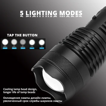 Galingas LED Žibintuvėlis XHP50 Lempos granulių Paramos priartinimas 5 apšvietimo režimus Fakelas, Kurį 18650 arba 26650 baterija lauko veikla