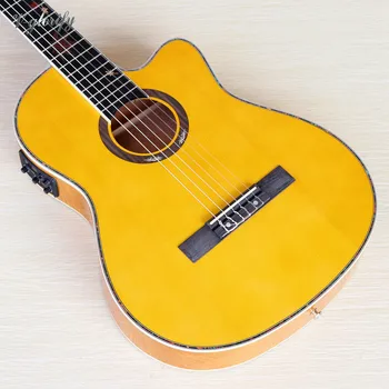 Geltonas plonas kūnas Flamenko klasikinė gitara, 39 colių 6 eilutę aukšto blizgesio apdaila cutaway dizaino guitarra su EQ imtuvo funkcija