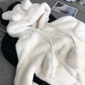 Juda Ausis Korėjos Dirbtiniais Triušio Kailio Pliušinis Kailis Moterų Žiemą Storas, Pūkuotas Striukė Dviratininkas Moteris Baltu Gobtuvu Pocket Plus Size Pastogė
