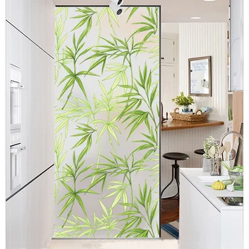 60cmx100cm Žalia Bambuko Lapų Modelis, klijai-nemokamai elektrostatinės stiklo plėvelė, langų nepermatomas namų stumdomosios durys, vonios kambarys privatumo filmas