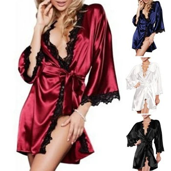 Moterų Pižamą Sleepwear Seksualus Šilkiniai Nėrinių Kraštais Trumpas Kimono Chalatas, naktiniai drabužiai