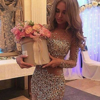 Prabangus Šampanas Ilgomis Rankovėmis Duobute Kristalų Trumpas Prom Dress 2020 Apvalkalą Putojantis Gimtadienio Chalatai Vestidos De Noche