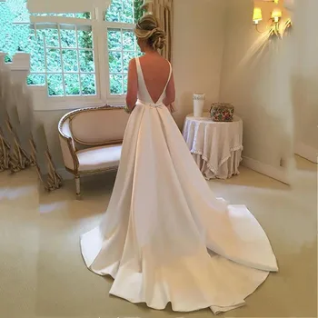 Paprastas, Paprastas Satino Vestuvių Suknelės 2020 Lankas Backless Balto Dramblio kaulo Vestido de Noiva Nuotakos Suknelės Scoop Atspindintis Vestuvių Suknelė