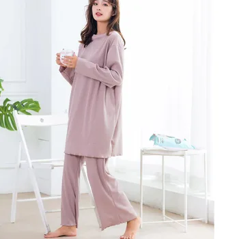 Rudenį, žiemą naujas medvilnės ilgomis rankovėmis pižama tinka palaidi dryžuotas namų kostiumai dviejų dalių kelnes nustatyti, pižamos moterims pijamas sleepwear