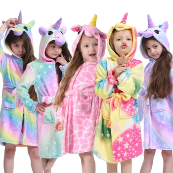 Vaikai Chalatas Žiemos Gobtuvu Vienaragis Rūbeliai Mergaitėms Pižama Vaikų Padažu Suknelė Flanelė Berniukas Kūdikis Sleepwear Panda Chalatas, Rankšluostis