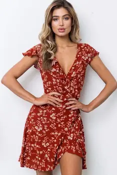 V-Kaklo Raudona Gėlių Beach /Wrap Suknelės Moteris/Vasaros Suknelė Trumpomis Rankovėmis Varčias Susieta Elegantiškas Drabužiai, Kvepalai Suknelė
