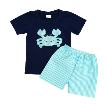 Mėlyna krabų modelis berniukai siuvinėjimo vasaros aprangą berniukas raglan rankovėmis rungtynės seersucker šortai, 2 vnt. rinkinys vaikams vasaros drabužių