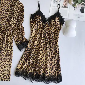 Moterų Sexy, Leopardas spausdinimui Satino, Šilko Pižama Cardigan Nightdress Chalatas Moteriški Apatiniai Rūbeliai Sleepwear Nustatyti 2Pieces Drabužiai