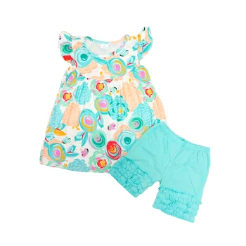 Vaikų vasaros aprangą gėlių modelio kūdikių mergaitės, apranga, mada plaukioja rankovėmis marškinėliai+mėlyna pynimas šortai 2 vnt rinkiniai
