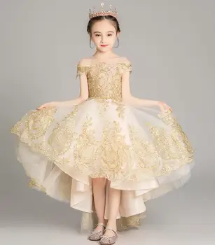 Off Peties Mergina Vestuvių Suknelė Golden China Tiulio Princesė Gėlių Mergaitės Suknelė Siuvinėjimo Vaikų Šalis Gimtadienio Komunijos Suknelė