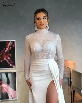 Plus Size White Oficialią Vakaro Suknelės Undinė ilgomis Rankovėmis Prom Dresses Šalies вечернее платье Duobute turkijos Couture Suknelės