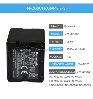 1pcs Panasonic VW-VBN260 7.2 v 2500mah Įkrovimo Baterija (akumuliatorius TM900 SD800 HS900 SD900 Skaitmeninis Fotoaparatas + 1pc VW-BC20 mokestis