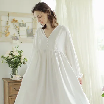 Naujas Baltos spalvos Medvilnės Ilgai Nightgowns Moterų V-kaklo, ilgomis Rankovėmis Nightdress Royal Lady Sleepwear Plius Dydis 18427