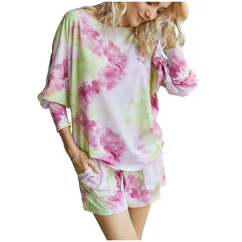 2VNT Moterų Atsitiktinis Pajama Komplektai Kaklaraištis Dažyti Spausdinti Viršuje Kelnės ilgomis Rankovėmis Namuose Dėvėti Laisvalaikio Kostiumas Pižamos Mujer Sleepwear naktiniai drabužiai 2020 m.