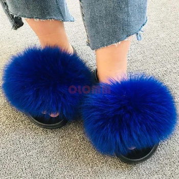 2020 Moterų Furry Ponios Sandalai Mielas Pliušinis Fox Plaukai Purus Sandalai moteriški Kailiniai Šlepetės Žiemos Šiltos Šlepetės Moterims Karšto