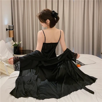 Nėriniai pižamą kostiumas seksualus juodas viliojanti (sling nightdress + skraiste) gražus korėjos elegantiškas namų paslauga, krūtinės mygtukai pijamas