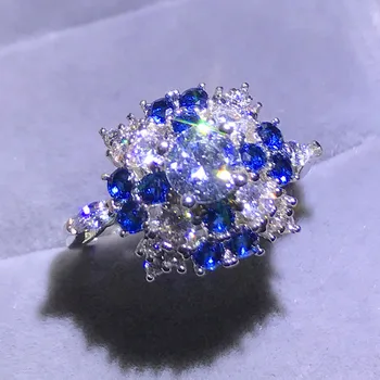 2019 Naujas Mados Boho Moterų Big Kristalų Mėlyna Akmens Žiedas Prabangus Sidabro Spalvos Vestuvinis Žiedas Senovinių Vestuvinių Žiedų Moterims
