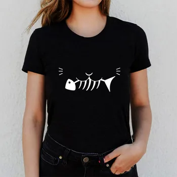 Funny cat moterims marškinėliai spausdinti trumpas rankovės mielas animacinių filmų moterų marškinėlius atsitiktinis vasaros moterų laisvi juodas viršūnes tee moterų marškinėliai