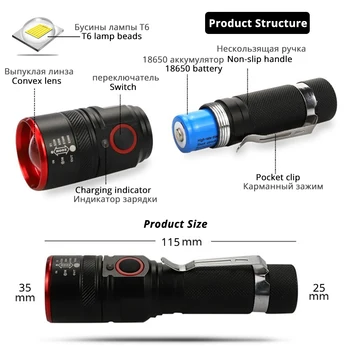 USB Įkrovimo LED Dviračio Žibintas 3 Apšvietimo Režimas Zoomable Vandeniui Nešiojamas Žibintuvėlis, Maitinamas 18650 Baterija, su nemokamu USB Kabelis